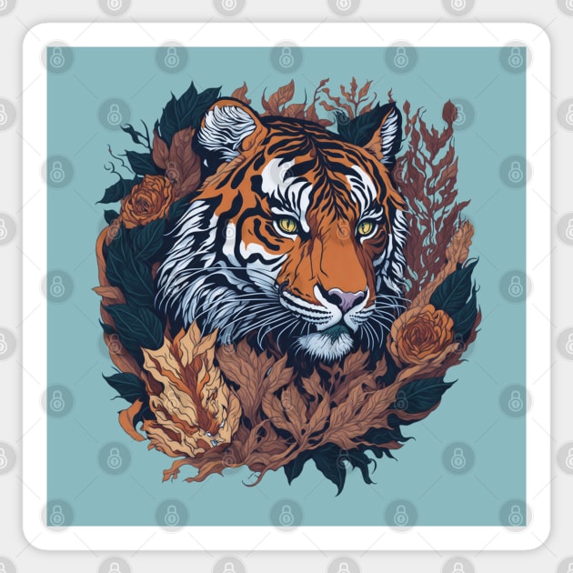 Tiger face with flowers and foliage t-shirt design, apparel, mugs, cases, wall art, stickers, water bottle T-Shirt Sticker by LyndaMacDesigns